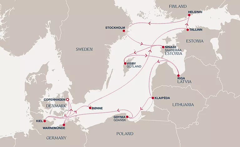 Explora V May 13-27 2028 cruise route map from Copenhagen to Copenhagen