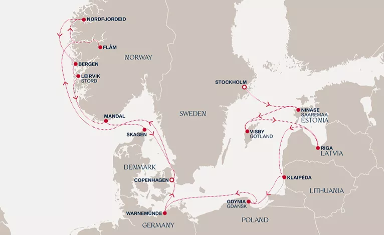 Explora V May 19-June 4 2028 cruise route map from Stockholm to Copenhagen