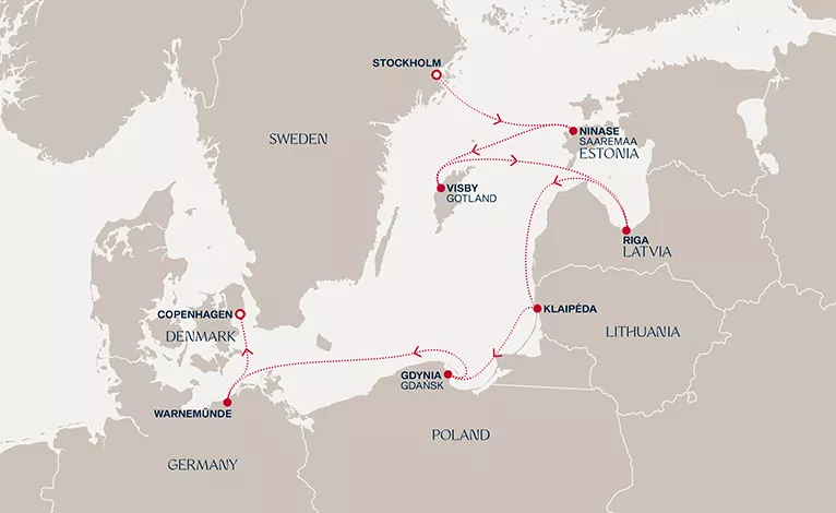 Explora V May 19-27 2028 cruise route map from Stockholm to Copenhagen