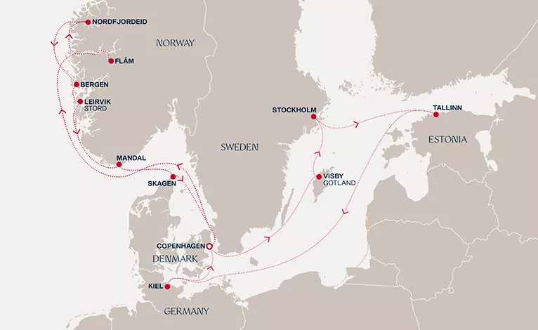 Explora V May 27-June 11 2028 cruise route map from Copenhagen to Copenhagen