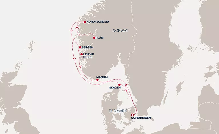 Explora V May 27-June 4 2028 cruise route map from Copenhagen to Copenhagen