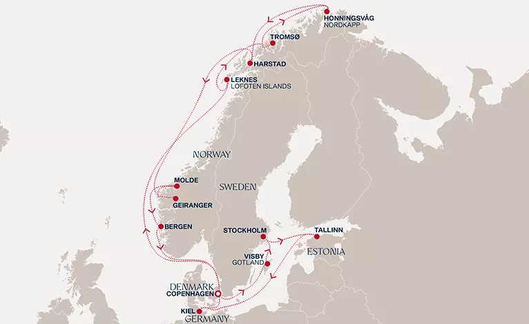 Explora V June 4-23 2028 cruise route map from Copenhagen to Copenhagen