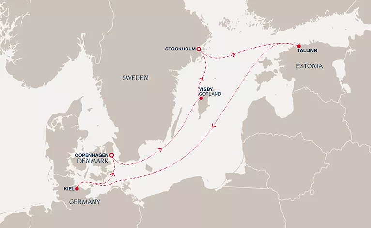 Explora V June 4-11 2028 cruise route map from Copenhagen to Copenhagen