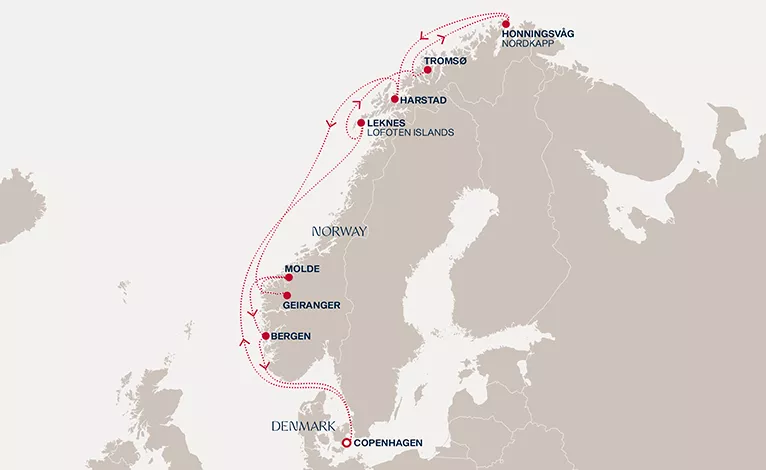 Explora V June 11-23 2028 cruise route map from Copenhagen to Copenhagen