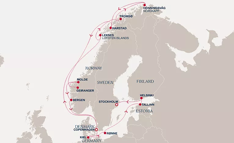 Explora V June 11-30 2028 cruise route map from Copenhagen to Stockholm