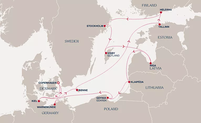 Explora V June 23-July 7 2028 cruise route map from Copenhagen to Copenhagen