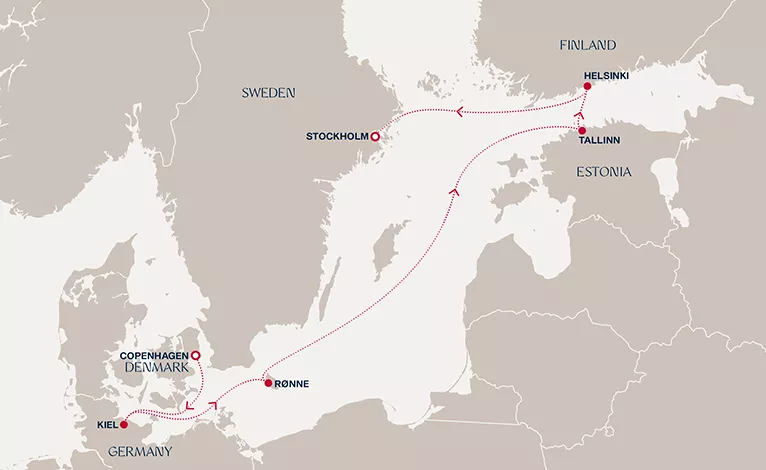 Explora V June 23-30 2028 cruise route map from Copenhagen to Stockholm