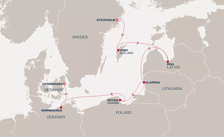Explora V June 30-July 7 2028 cruise route map from Stockholm to Copenhagen
