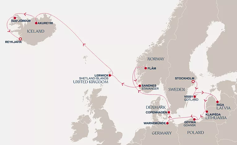 Explora V June 30-July 15 2028 cruise route map from Stockholm to Reykjavik