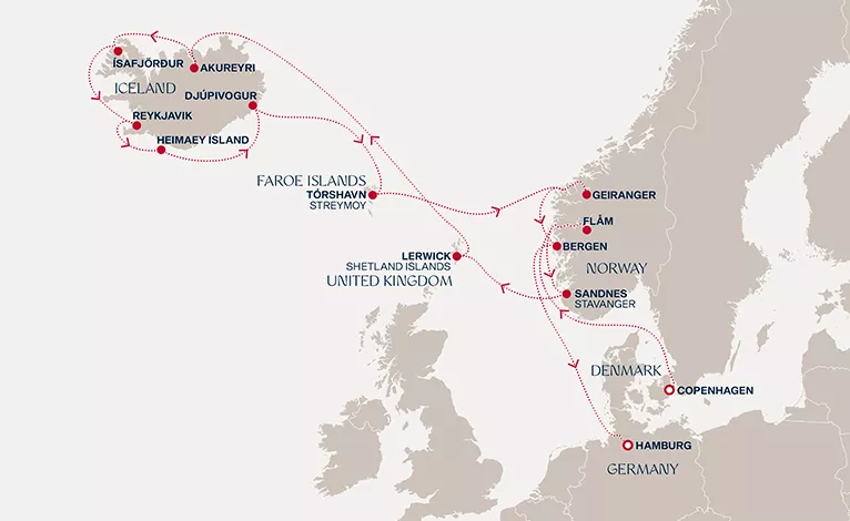 Explora V July 7-23 2028 cruise route map from Copenhagen to Hamburg