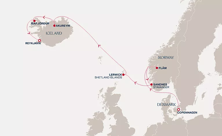 Explora V July 7-15 2028 cruise route map from Copenhagen to Reykjavik