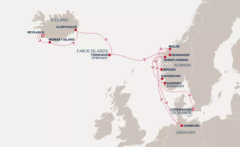 Explora V July 15-30 2028 cruise route map from Reykjavik to Copenhagen