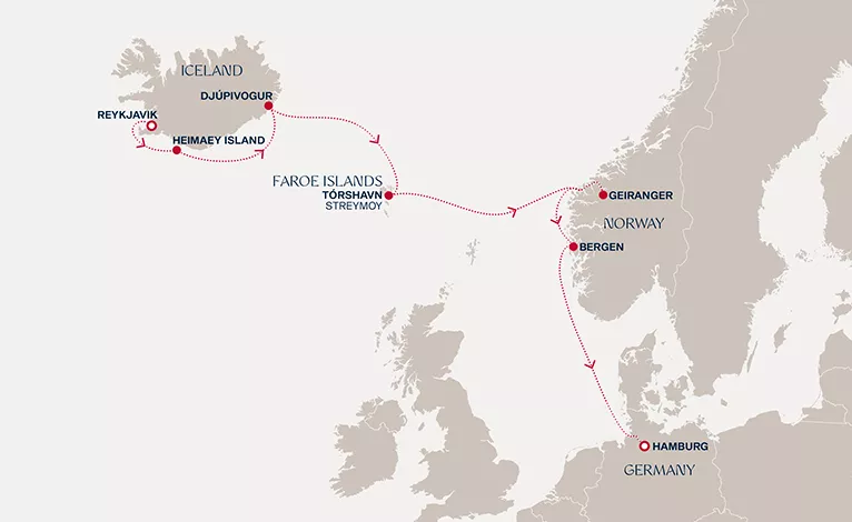 Explora V July 15-23 2028 cruise route map from Reykjavik to Hamburg