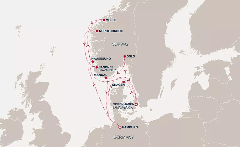 Explora V July 23-August 6 2028 cruise route map from Hamburg to Copenhagen