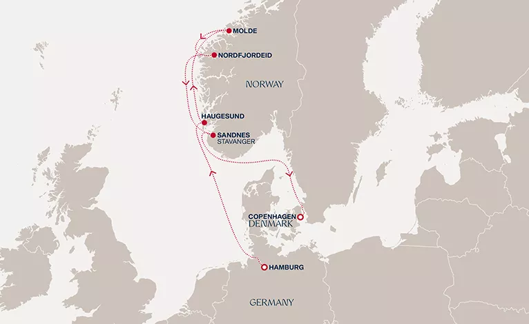 Explora V July 23-30 2028 cruise route map from Hamburg to Copenhagen