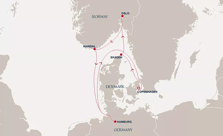 Explora V July 30-August 6 2028 cruise route map from Copenhagen to Copenhagen
