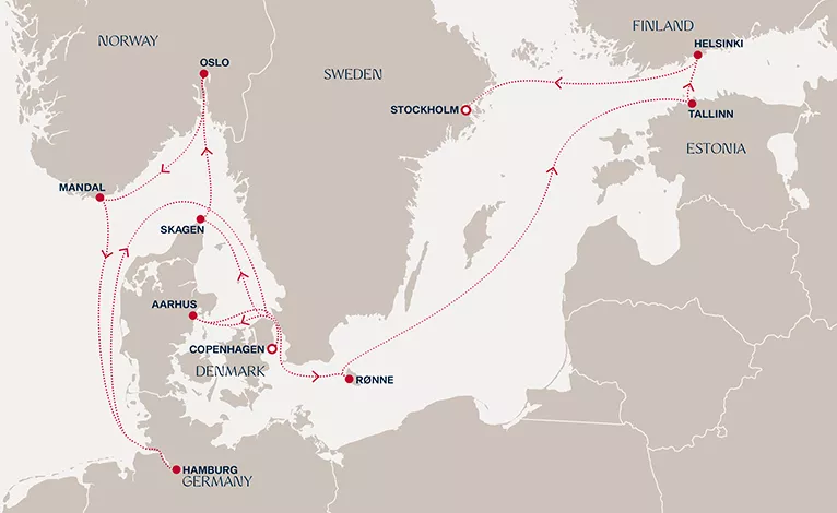 Explora V July 30-August 13 2028 cruise route map from Copenhagen to Stockholm