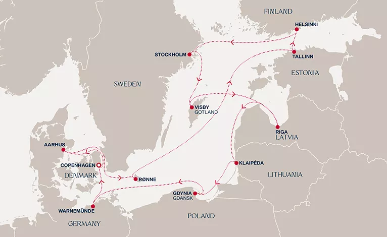 Explora V August 6-20 2028 cruise route map from Copenhagen to Copenhagen