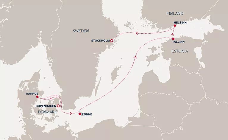 Explora V August 6-13 2028 cruise route map from Copenhagen to Stockholm