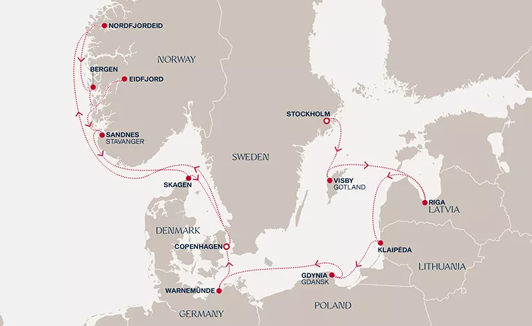 Explora V August 13-27 2028 cruise route map from Stockholm to Copenhagen