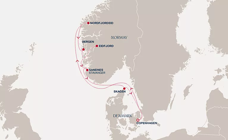 Explora V August 20-27 2028 cruise route map from Copenhagen to Copenhagen