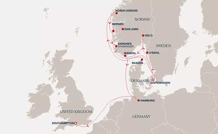 Explora V August 20-September 3 2028 cruise route map from Copenhagen to Southampton