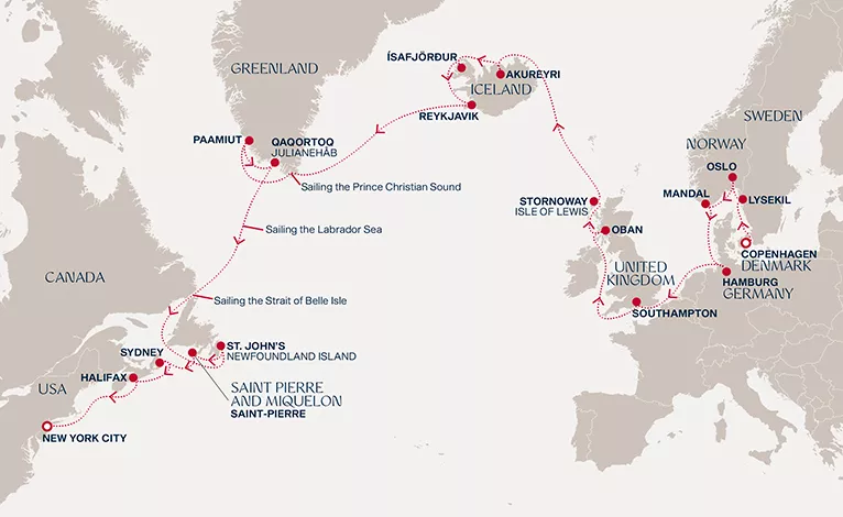 Explora V August 27-September 24 2028 cruise route map from Copenhagen to New York City