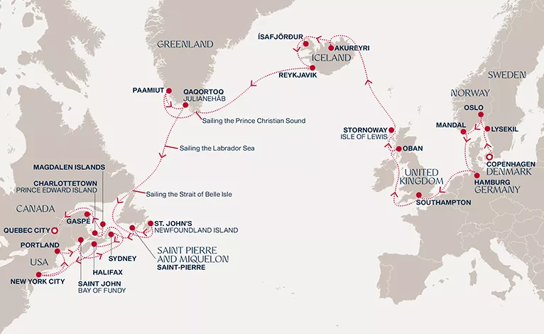 Explora V August 27-October 4 2028 cruise route map from Copenhagen to Quebec City