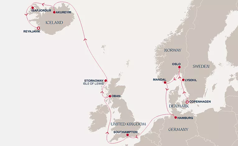 Explora V August 27-September 11 2028 cruise route map from Copenhagen to Reykjavik