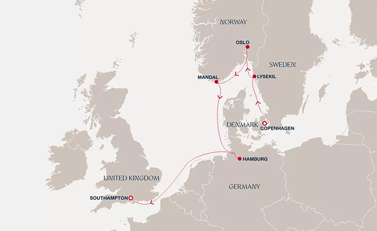 Explora V August 27-September 3 2028 cruise route map from Copenhagen to Southampton