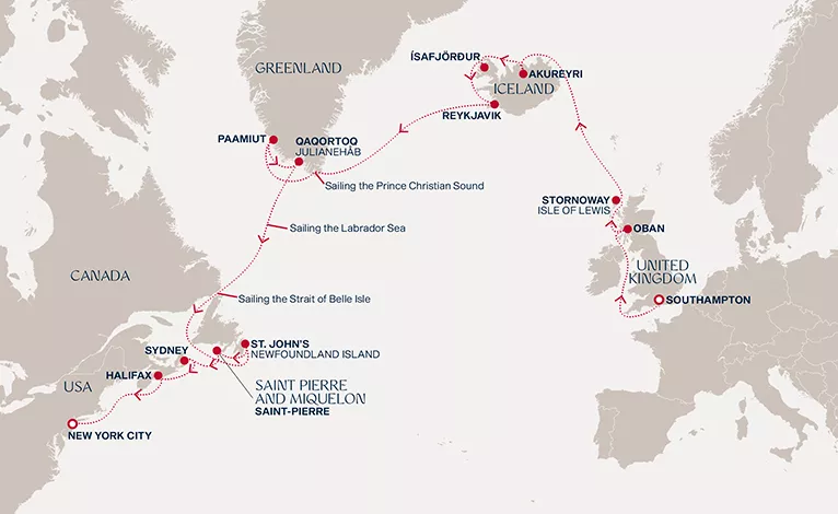 Explora V September 3-24 2028 cruise route map from Southampton to New York City