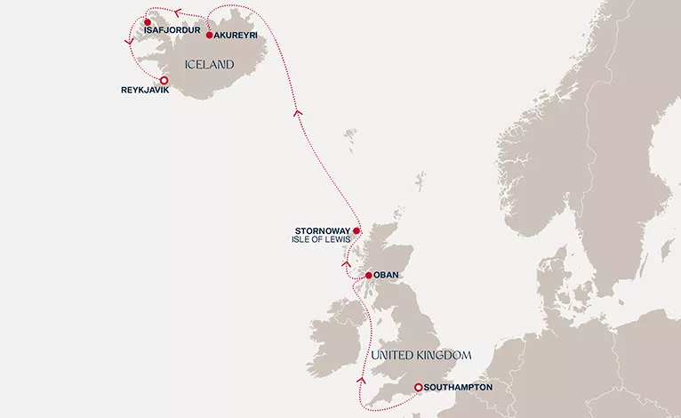 Explora V September 3-11 2028 cruise route map from Southampton to Reykjavik