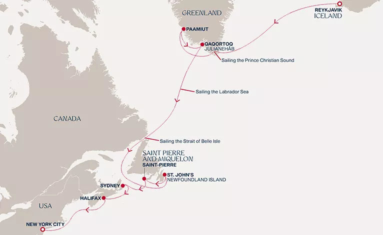 Explora V September 11-24 2028 cruise route map from Reykjavik to New York City
