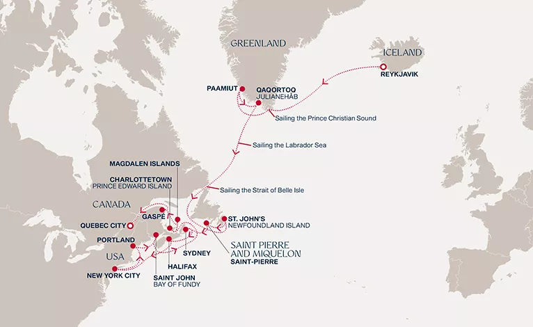 Explora V September 11-October 4 2028 cruise route map from Reykjavik to Quebec City