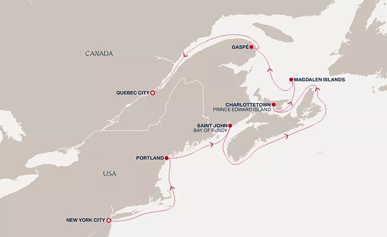 Explora V September 24-October 4 2028 cruise route map from New York City to Quebec City