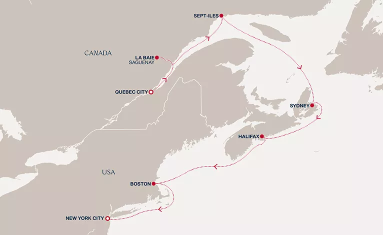 Explora V October 4-14 2028 cruise route map from Quebec City to New York City