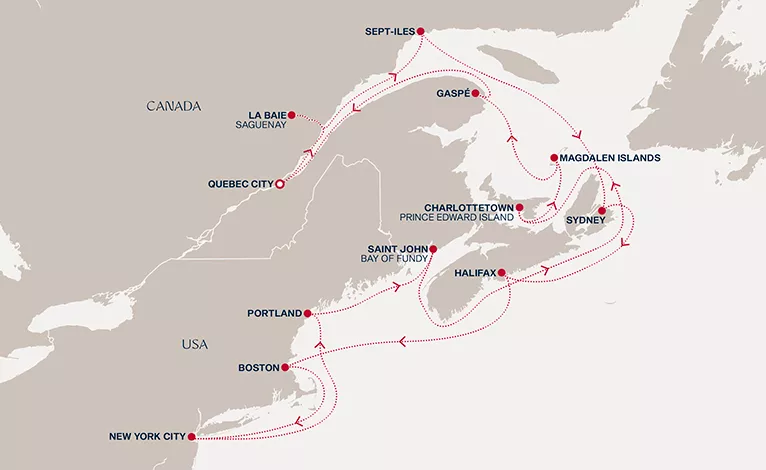 Explora V October 4-24 2028 cruise route map from Quebec City to Quebec City