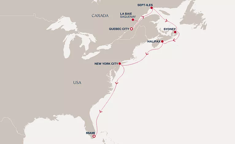 Explora V October 24-November 4 2028 cruise route map from Quebec City to Miami