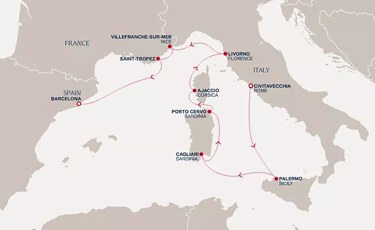 Explora VI August 4-14 2028 cruise route map from Civitavecchia (Rome) to Barcelona