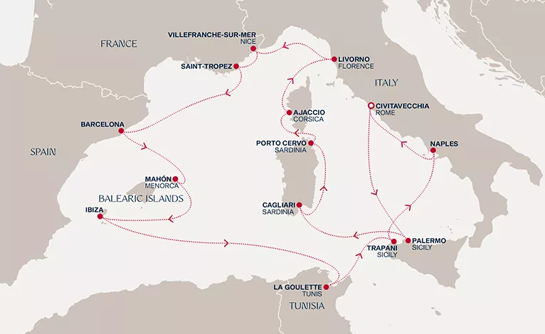 Explora VI August 4-21 2028 cruise route map from Civitavecchia (Rome) to Civitavecchia (Rome)