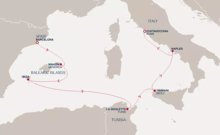 Explora VI August 14-21 2028 cruise route map from Barcelona to Civitavecchia (Rome)
