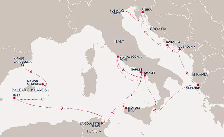 Explora VI August 14-28 2028 cruise route map from Barcelona to Fusina (Venice)