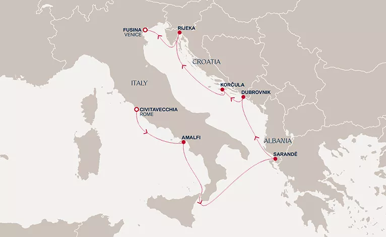 Explora VI August 21-28 2028 cruise route map from Civitavecchia (Rome) to Fusina (Venice)