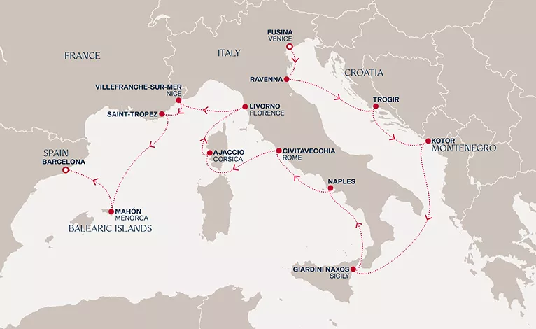 Explora VI August 28-September 11 2028 cruise route map from Fusina (Venice) to Barcelona