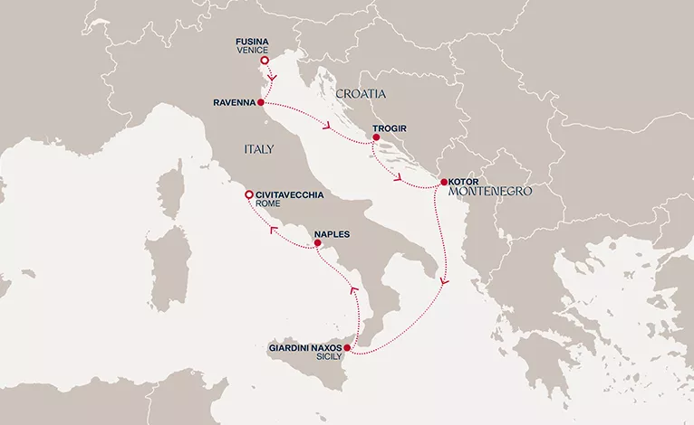 Explora VI August 28-September 4 2028 cruise route map from Fusina (Venice) to Civitavecchia (Rome)