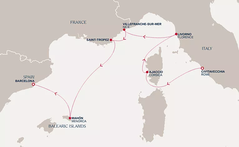 Explora VI September 4-11 2028 cruise route map from Civitavecchia (Rome) to Barcelona