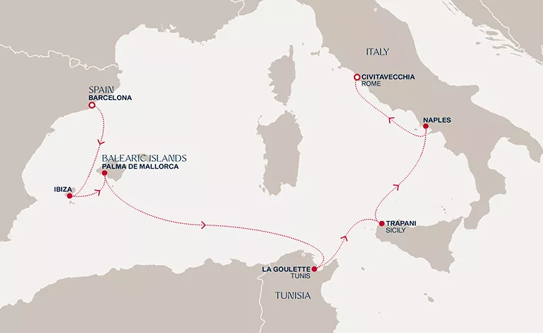 Explora VI September 11-18 2028 cruise route map from Barcelona to Civitavecchia (Rome)