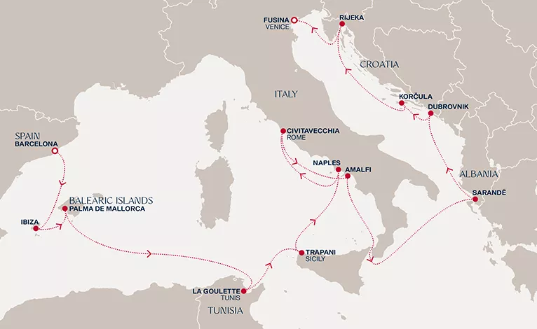 Explora VI September 11-25 2028 cruise route map from Barcelona to Fusina (Venice)