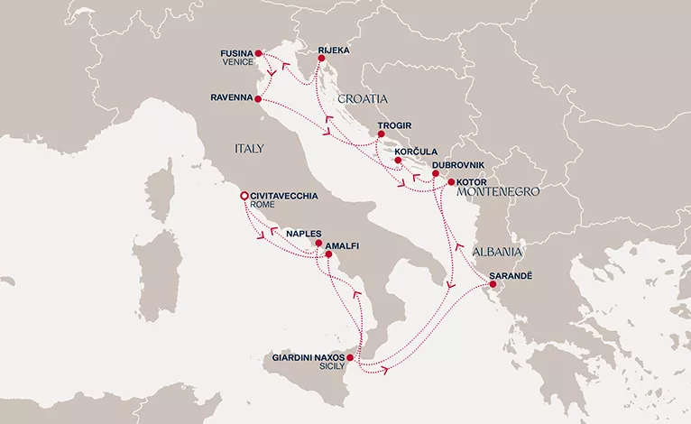 Explora VI September 18-October 2 2028 cruise route map from Civitavecchia (Rome) to Civitavecchia (Rome)