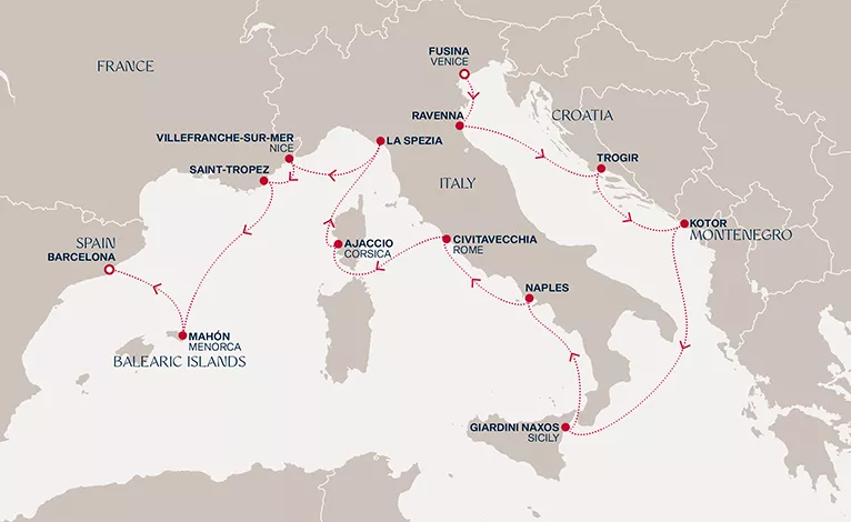Explora VI September 25-October 9 2028 cruise route map from Fusina (Venice) to Barcelona